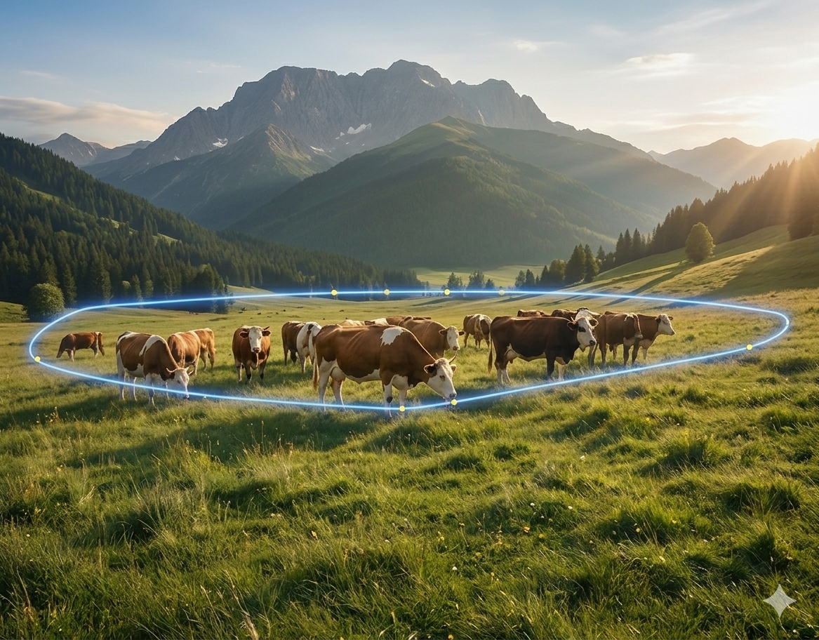 Stado krów na łące z wirtualnym ogrodzeniem GPS